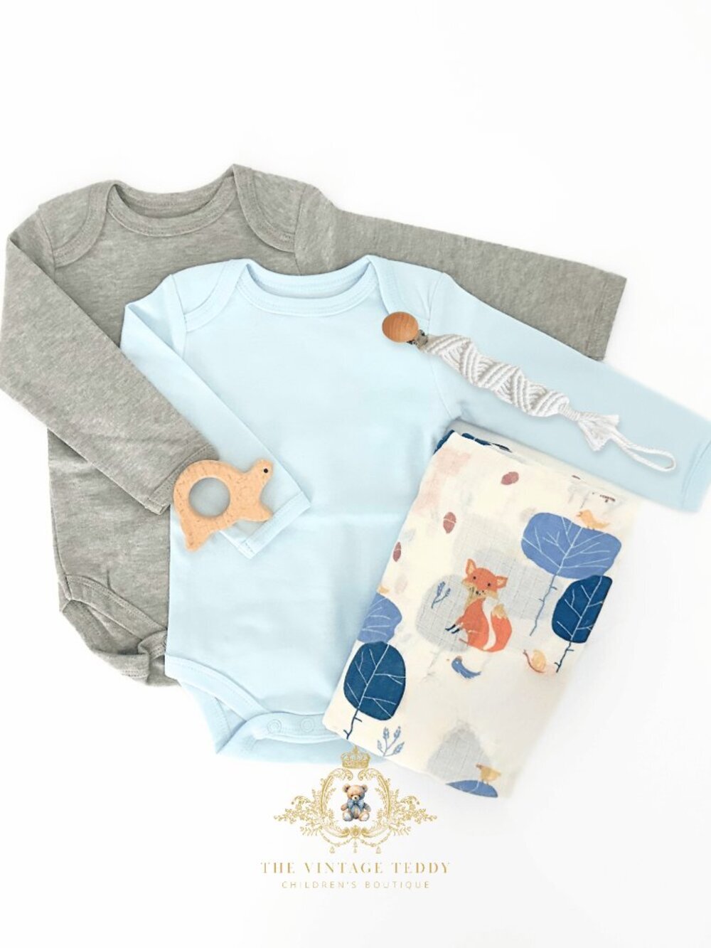 NWT Cute Baby Boys Gift Set Baby Onesies Swaddling Blanket Toy Pacifier Holder - Picture 2 of 7
